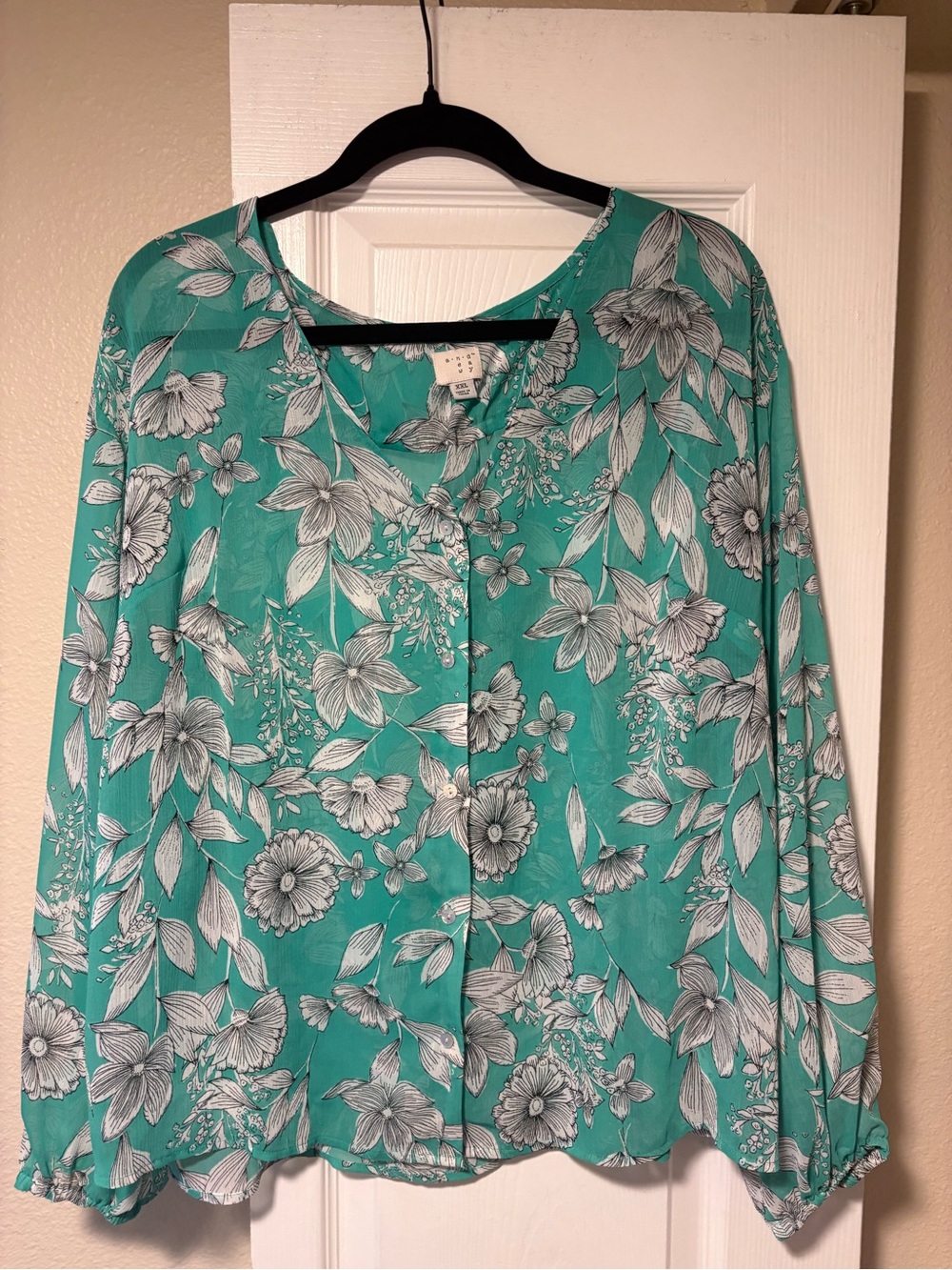 a new day Teal Floral Button-Front Blouse